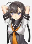  1girl ahoge akizuki_(kantai_collection) arms_behind_head black_hair black_headband commentary_request corset grey_eyes hachimaki headband kantai_collection long_hair mayura2002 neckerchief orange_neckwear school_uniform serafuku simple_background smile solo upper_body white_background 