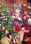  1girl absurdres animal_ear_fluff animal_ears bangs bare_legs blurry blurry_background bow breasts bushi_henmeng capelet cat cat_ears cat_girl cat_tail christmas christmas_ornaments christmas_tree christmas_tree_hair_ornament commentary_request eyebrows_visible_through_hair fur_collar fur_trim green_bow hair_ornament highres jacket karyl_(princess_connect!) long_hair medium_breasts multicolored_hair princess_connect! princess_connect!_re:dive purple_hair red_capelet red_skirt santa_costume sidelocks skirt sleeveless smile standing streaked_hair tail twintails vest white_hair wrist_cuffs 