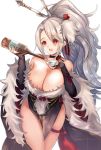  1girl :d azur_lane bare_shoulders black_choker black_dress black_gloves bottle choker collarbone cup dress drink elbow_gloves fingerless_gloves fur-trimmed_dress fur-trimmed_sleeves fur_trim gloves hair_between_eyes hair_ornament hair_stick high_ponytail highres holding holding_bottle holding_cup long_sleeves open_mouth pelvic_curtain prinz_heinrich_(azur_lane) prinz_heinrich_(fireworks_and_tapestries)_(azur_lane) red_eyes shibaebi_(yasaip_game) silver_hair simple_background smile solo standing strapless strapless_dress thigh_strap thighs white_background wide_sleeves 