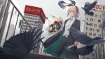  1girl anniversary belt bird black_bird black_bow black_jacket black_pants blonde_hair blood bloody_knife blue_eyes bouquet bow building city commentary crow flower formal frown hair_bow highres holding holding_bouquet holding_knife jacket kagamine_rin knife overcast pants shirt skyscraper solo standing suit vocaloid white_shirt wounds404 