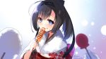  1girl akizuki_(kantai_collection) black_hair black_headwear blue_eyes blush candy_apple cotton_candy food food_on_face hachimaki headband holding holding_food ikayaki japanese_clothes kantai_collection kimono long_hair obi ponytail ringo_sui sash solo twitter_username upper_body yukata 