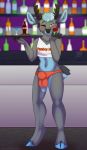  &lt;3 2020 anthro antlers balls beverage biped blowing_kiss bottomwear bulge cervid clothed clothing digital_media_(artwork) english_text femboy_hooters fingers fur genitals grumpy_griffin_creations hair hi_res holding_object hooters hooters_uniform horn looking_at_viewer male mammal one_eye_closed shirt shorts simple_background solo standing tank_top text text_on_clothing text_on_shirt text_on_tank_top text_on_topwear topwear underwear wink 