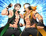  2boys abs ayukisa bara bare_pecs belt black_belt black_coat black_gloves brown_hair bulge coat cowboy_shot dog_tags enjouji_michiru fingerless_gloves gloves green_hair headband idolmaster idolmaster_side-m looking_at_viewer male_focus multiple_boys muscular muscular_male navel open_clothes open_coat pectorals shingen_seiji sleeveless_coat stomach white_headwear 