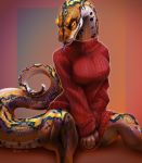  2020 5_fingers anthro blep breasts clothing digital_media_(artwork) female fingers fivel forked_tongue hi_res humanoid_hands iridescent_scales long_neck long_tail looking_at_viewer multicolored_body multicolored_scales non-mammal_breasts orange_eyes pupils python red_clothing red_sweater red_topwear reptile reticulated_python scales scalie signature simple_background slit_pupils snake solo sweater tongue tongue_out topwear 