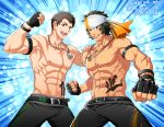  2boys abs ayukisa bara bare_pecs belt black_belt black_gloves bodypaint brown_hair bulge cowboy_shot dog_tags enjouji_michiru fingerless_gloves gloves green_hair harness headband idolmaster idolmaster_side-m looking_at_viewer male_focus multiple_boys muscular muscular_male navel nipples pectorals shingen_seiji shirtless white_headwear 