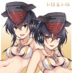  1girl adapted_costume asymmetrical_hair bikini black_hair breasts brown_eyes character_name edwin_(cyberdark_impacts) gradient gradient_background hair_between_eyes hat headphones highres i-13_(kantai_collection) i-14_(kantai_collection) kantai_collection looking_at_viewer open_mouth sailor_bikini sailor_collar short_hair small_breasts smile solo swimsuit upper_body upper_teeth white_sailor_collar 