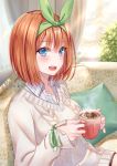  1girl :d artist_name bangs blue_eyes blush breasts coffee coffee_mug collared_shirt commentary_request couch cup from_side go-toubun_no_hanayome green_hairband green_ribbon hair_between_eyes hair_ribbon hairband hakuda_tofu highres holding holding_cup indoors long_sleeves looking_at_viewer medium_breasts mug nakano_yotsuba open_mouth orange_hair ribbon shirt sitting smile solo striped striped_shirt sweater upper_body upper_teeth white_shirt 