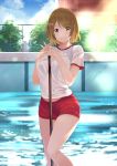  1girl bare_legs blush breasts brown_hair bunbun_(midukikome) closed_mouth day eyebrows_visible_through_hair eyes_visible_through_hair feet_out_of_frame gym_shirt gym_shorts gym_uniform hair_over_one_eye highres holding koizumi_hanayo large_breasts looking_at_viewer love_live! love_live!_school_idol_project outdoors pool purple_eyes red_shorts see-through shirt short_hair short_shorts short_sleeves shorts smile solo standing sunlight water wet wet_clothes wet_shirt 