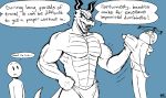  2020 60percentscalie ambiguous_gender anthro clothed clothing dragon english_text eye_contact group human larger_anthro line_art looking_at_another mammal muscular muscular_anthro muscular_arms pecs scalie sharp_teeth shirt_grab size_difference smaller_human speech_bubble teeth text topless underwear underwear_only western_dragon 