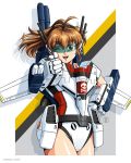  1980s_(style) 1girl ;) ahoge blue_eyes border brown_hair choujikuu_yousai_macross commentary commission english_commentary eyebrows_visible_through_hair finger_gun gloves hand_on_hip hayase_misa jose_salot leotard long_hair looking_at_viewer macross making-of_available mecha_musume one_eye_closed personification pointing pointing_at_viewer retro_artstyle smile solo twitter_username upper_body variable_fighter vf-1 vf-1s visor white_border white_gloves white_leotard 