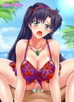  1boy 1girl bikini blush breasts colored_skin dark_skin girl_on_top hair_ribbon hino_rei jewelry large_breasts long_hair lowres necklace open_mouth palm_tree purple_eyes purple_hair ribbon sailor_mars sailor_moon sex swimsuit tree tropical_summer white_skin 