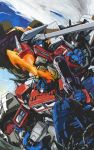  1980s_(style) 3boys autobot blue_eyes clenched_hand cover cover_page decepticon doujin_cover energy_axe english_commentary fire gun highres holding holding_gun holding_sword holding_weapon horns marble-v mecha menasor multiple_boys no_humans open_hand open_mouth optimus_prime red_eyes retro_artstyle sword textless transformers weapon 