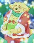  2020 4:5 anthro belly bottomwear canid canine canis christmas clothing costume cu_sith_(tas) domestic_dog guratan_wa hi_res holidays humanoid_hands kemono male mammal one_eye_closed overweight overweight_anthro overweight_male pants santa_costume scarf solo tokyo_afterschool_summoners video_games wink 