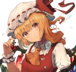  1girl :/ ascot asymmetrical_hair bangs berries blonde_hair blunt_bangs bow breasts closed_mouth commentary_request crystal droplets eyebrows_visible_through_hair flandre_scarlet food fruit hat hat_bow hat_ribbon head_tilt highres holding holding_food holding_fruit kurowa_(curowa) long_hair looking_at_viewer mob_cap puffy_short_sleeves puffy_sleeves red_bow red_eyes red_ribbon red_vest ribbon ribbon-trimmed_headwear ribbon_trim shirt short_sleeves simple_background small_breasts solo touhou upper_body vest water white_background white_headwear white_shirt wings wrist_cuffs yellow_neckwear 