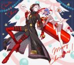  1boy 1girl animal_costume black_skin boots christmas_tree colored_skin fate/grand_order fate_(series) gloves hair_over_one_eye hassan_of_serenity_(fate) hooded_coat karna_(santa)_(fate) merry_christmas nishimura_eri punching_bag purple_hair red_gloves sheep_costume thigh_boots thighhighs white_hair white_skin 