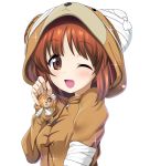  1girl blush boko_(girls_und_panzer) brown_eyes brown_hair excel_(shena) eyebrows_visible_through_hair girls_und_panzer highres long_sleeves looking_at_viewer nishizumi_miho one_eye_closed open_mouth pajamas short_hair smile solo sparkle upper_body 