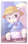  animal_crossing anthro blush clothing cuddlehooves diaper hat headgear headwear hi_res looking_at_viewer male mammal marshal_(animal_crossing) nintendo pawpads paws rodent sciurid shirt sitting solo sucking thumb_suck topwear video_games watermark 