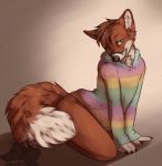  4_fingers anthro bedroom bottomless canid canine claws clothed clothing ekbellatrix fingers fluffy fox fur green_eyes hoodie looking_at_viewer male mammal multicolored_clothing rainbow_clothing red_body red_fur seductive snout solo tongue tongue_out topwear watermark white_body white_fur 