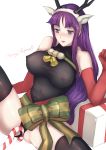  abs alternate_costume altina antlers blue_eyes blush bodystocking bow breasts candy candy_cane christmas elbow_gloves fire_emblem fire_emblem:_radiant_dawn fire_emblem_heroes food gift gloves highres jtaka large_breasts long_hair masturbation masturbation_through_clothing merry_christmas nipples open_mouth purple_hair see-through spread_legs thighhighs white_background 