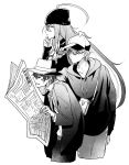  3boys ahoge alternate_costume arm_at_side bag baseball_cap black_pants casual glasses greyscale halftone_texture hand_on_own_chin handbag hat headwear_request holding holding_newspaper hood hood_down hoodie huge_ahoge hunched_over hypnosis_mic kannonzaka_doppo long_hair looking_to_the_side male_focus matenrou_(hypnosis_mic) miyuki_(10_th) monochrome multiple_boys newspaper pants profile simple_background skullcap spyglass standing sunglasses sweatdrop thinking very_long_hair white_background 