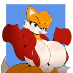  1:1 2020 anthro big_breasts black_nose blep blue_eyes breasts canid canine clothing crossgender digital_media_(artwork) eyebrows female fox head_tuft hi_res huge_breasts looking_at_viewer mammal miles_prower mtf_crossgender navel simple_background solo sonic_the_hedgehog_(series) suirano tongue tongue_out tuft 