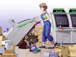  1980s_(style) 1girl 1other arcade_cabinet astro_city brown_hair cat cleaning commentary commission english_commentary full_body glasses gloves green_sports_bra jose_salot original overalls retro_artstyle shoes short_hair sneakers sports_bra sweat white_gloves 
