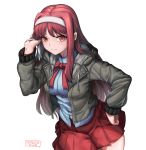  1girl 2020 absurdres bag blush breasts commission hair_intakes hairband hand_on_hip highres hood hood_down hooded_jacket jacket long_hair medium_breasts melty_blood nyungsep open_clothes open_jacket pleated_skirt red_eyes red_hair red_ribbon red_skirt ribbon school_uniform shirt shopping_bag signature skirt smile solo thighs tohno_akiha tsukihime vermillion_akiha white_background white_hairband white_shirt 