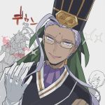  1girl 2boys ahoge chen_gong_(fate) chinese_clothes dark_skin dark_skinned_male evil_smile facial_mark fate/grand_order fate_(series) forehead_mark gameplay_mechanics glasses gloves hair_ornament hair_over_one_eye hat horse_boy jest_ht90 long_hair male_focus mash_kyrielight multiple_boys ponytail purple_eyes purple_hair red_hare_(fate/grand_order) smile smirk sparkle sweat translation_request tsurime white_gloves wide-eyed 