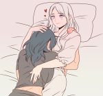  2girls breasts byleth_(fire_emblem) byleth_(fire_emblem)_(female) commentary edelgard_von_hresvelg english_commentary fingernails fire_emblem fire_emblem:_three_houses hair_down hand_on_another&#039;s_head head_on_chest jewelry long_hair lying lying_on_person medium_breasts medium_hair multiple_girls on_back pajamas pale_skin petting pillow purple_eyes radiostarkiller ring silver_hair sleeping sleeping_on_person wedding_band wife_and_wife yuri 