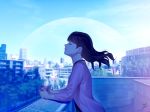  building city clouds drink foo_midori long_hair original planet polychromatic rooftop signed sky tree 