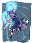  1girl arm_up black_bow blue_dress blue_eyes blue_hair bow brown_footwear cirno dated dress energy_ball flat_chest flying full_body hair_bow ice ice_wings mary_janes petticoat powering_up puffy_short_sleeves puffy_sleeves shoes short_hair short_sleeves signature sketch socks solo space_jin touhou white_buruma white_legwear wings 