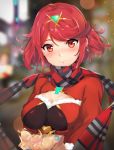  1girl alternate_costume bag bangs blurry blurry_background blush bread breasts cleavage_cutout clothing_cutout food gem gloves hair_ornament headpiece highres holding jewelry kiiro_kimi large_breasts long_sleeves looking_at_viewer night outdoors paper_bag plaid plaid_scarf pyra_(xenoblade) red_eyes red_hair red_scarf red_shirt scarf shirt short_hair smile solo swept_bangs tiara upper_body xenoblade_chronicles_(series) xenoblade_chronicles_2 