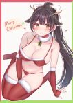  1girl absurdres ass_visible_through_thighs azur_lane bikini black_hair bow breasts bridal_gauntlets christmas eyebrows_visible_through_hair fake_horns full_body fur-trimmed_bikini fur-trimmed_gloves fur-trimmed_legwear fur_collar fur_trim gloves heart highres himeno_candy horns large_breasts long_hair merry_christmas ponytail red_bikini red_legwear santa_costume simple_background solo swimsuit takao_(azur_lane) thigh_gap thighhighs white_background white_bow yellow_eyes 