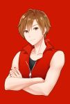  1boy artist_name asami_(undoundo) black_shirt brown_eyes brown_hair commentary cropped_torso crossed_arms genderswap highres jacket looking_at_viewer male_focus meito nail_polish red_background red_jacket red_nails red_theme shirt smile upper_body vocaloid zipper 