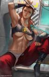  1girl abs bandaged_arm bandages black_footwear blush boots breasts brigitte_(overwatch) brown_eyes collarbone commentary crop_top english_commentary forehead hair_pulled_back highres holding holding_wrench large_breasts leg_up lips long_hair looking_at_viewer muscular muscular_female navel no_bra norman_de_mesa nose nose_blush overalls overwatch patreon_username ponytail red_overalls shoulder_tattoo sidelocks signature sitting solo spread_legs tattoo toned underboob vambraces watermark web_address wiping_sweat wrench 
