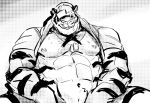  anthro bodily_fluids clothed clothing cum cum_on_face felid genital_fluids hat headgear headwear male male/male mammal monochrome muscular p0sporo pantherine raised_clothing raised_shirt raised_topwear shirt solo sweat tiger topwear 