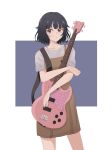  1girl bang_dream! bangs bass_guitar black_hair brown_dress cowboy_shot dress expressionless eyebrows_visible_through_hair grey_shirt highres instrument plaid print_guitar red_eyes shirt short_hair solo ushigome_rimi yasou0049 