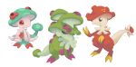  black_eyes breloom claws commentary creature english_commentary eye_contact full_body gen_3_pokemon highres looking_at_another no_humans pinkgermy pokemon pokemon_(creature) purple_eyes signature simple_background standing white_background 