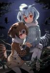  2girls alternate_eye_color bird bird_girl bird_tail brown_coat brown_hair coat commentary_request eurasian_eagle_owl_(kemono_friends) forest full_moon fur_collar glowing glowing_eyes grey_coat head_wings highres holding_hands in_tree kemono_friends looking_at_viewer melaton moon multicolored_hair multiple_girls nature night night_sky northern_white-faced_owl_(kemono_friends) owl owl_ears owl_girl red_eyes sitting sitting_in_tree sky tree white_hair white_legwear 