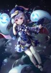  1girl absurdres bangs bead_necklace beads blue_theme blush braid coin coin_hair_ornament floating genshin_impact ghost hair_between_eyes hat highres huge_filesize jewelry jiangshi long_sleeves looking_at_viewer mirage48291584 necklace night night_sky purple_eyes purple_hair purple_headwear qing_guanmao qiqi short_hair sky smile snowflakes snowing spirit star_(sky) starry_sky talisman thighhighs white_legwear wide_sleeves 