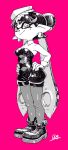  +_+ 1girl aori_(splatoon) bare_shoulders black_footwear breasts cleavage detached_collar domino_mask earrings food food_on_head greyscale hands_on_hips jewelry long_hair mask medium_breasts mole mole_under_eye monochrome object_on_head pink_background pointy_ears shoes short_jumpsuit signature solo splatoon_(series) tentacle_hair twintails very_long_hair yuta_agc 