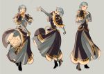  1girl blue_capelet blue_dress blue_hair blush blush_stickers braid brown_eyes capelet closed_eyes commentary crown_braid dress english_commentary epaulettes fire_emblem fire_emblem:_three_houses flower grey_background hand_on_own_chest highres holding holding_flower long_sleeves looking_at_viewer looking_away marianne_von_edmund red_flower short_hair shy_(ribboneels) simple_background smelling smelling_flower solo 