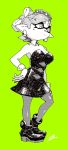  +_+ 1girl bare_shoulders black_dress black_footwear breasts cleavage detached_collar domino_mask dress food food_on_head gloves green_background greyscale hand_on_hip highres hotaru_(splatoon) mask medium_breasts mole mole_under_eye monochrome object_on_head pointy_ears shoes signature simple_background solo splatoon_(series) tentacle_hair yuta_agc 