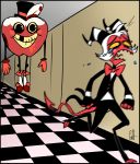  absurd_res ambiguous_gender bodily_fluids duo floating_boy_chases_running_boy food food_creature g-h- hair hallway helluva_boss hi_res horn hovering imp male mascot meme moxxie_(vivzmind) red_body red_skin running running_away screaming tears white_hair 