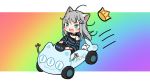  1girl :d ahoge amashiro_natsuki animal_ear_fluff animal_ears bangs black_camisole black_collar blue_eyes blush_stickers camisole cat_ears character_name chibi collar commentary_request crown driving grey_hair long_hair long_sleeves nacho_(amashiro_natsuki) off_shoulder open_mouth original rainbow_gradient shirt smile solo striped striped_shirt v-shaped_eyebrows very_long_hair wide_sleeves 