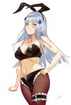  1girl absurdres alternate_costume animal_ears bangs black_legwear blunt_bangs blush breasts bunny_ears cleavage closed_mouth eyebrows_visible_through_hair facial_mark fake_animal_ears frills garters girls_frontline hair_ornament highres hk416_(girls_frontline) large_breasts leg_garter long_hair midriff navel pantyhose pooor signature silver_hair simple_background solo teardrop wavy_mouth white_background yellow_eyes 