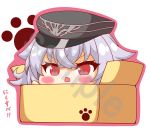  1girl absurdres azur_lane bangs black_headwear blush box cardboard_box eyebrows_visible_through_hair fang graf_zeppelin_(azur_lane) hair_between_eyes hand_up hat highres in_box in_container kurukurumagical open_mouth outline peaked_cap pink_outline red_eyes sample silver_hair solo translation_request v-shaped_eyebrows white_background 