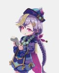  1girl bandou_(tm5525) bead_necklace beads blush braid coin coin_hair_ornament genshin_impact hair_between_eyes hat highres jewelry long_sleeves looking_at_viewer necklace notepad purple_eyes purple_hair purple_headwear qing_guanmao qiqi talisman wide_sleeves 