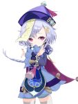  1girl anapoko_(user_wtmm5875) bangs bead_necklace beads blush braid coin coin_hair_ornament eyelashes genshin_impact hair_between_eyes hat highres jewelry jiangshi long_hair long_sleeves looking_at_viewer necklace purple_eyes purple_hair purple_headwear qing_guanmao qiqi salute talisman thighhighs two-finger_salute white_legwear wide_sleeves work_in_progress 