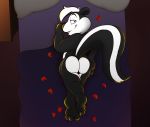  2020 anthro bed big_butt big_tail black_and_white_fur butt butt_heart digital_media_(artwork) fatzoimp flower_petals fur furniture hair hi_res looking_at_viewer looking_back looney_tunes lying male mammal mephitid nude on_bed on_front pep&eacute;_le_pew petals pinup pose presenting presenting_hindquarters raised_tail rear_view rose_petals skunk smile smirk solo striped_skunk warner_brothers 